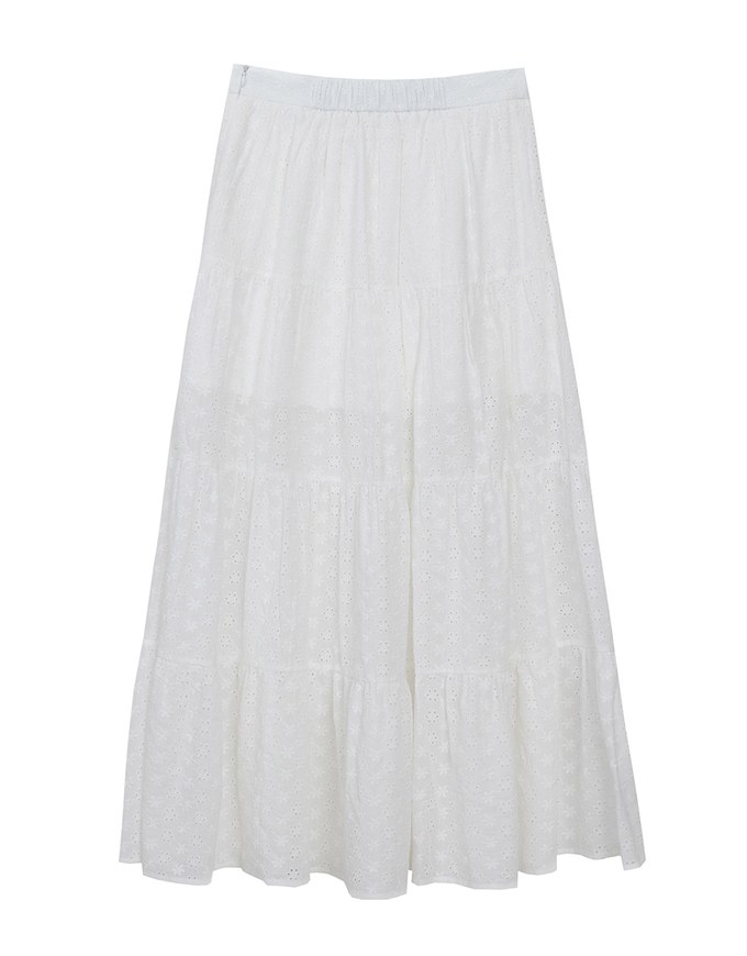 Lace Embroidered Shirred Detail Tiered Maxi Skirt