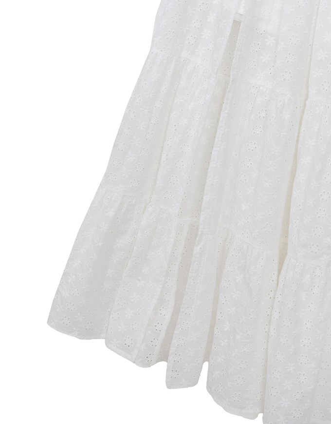 Lace Embroidered Shirred Detail Tiered Maxi Skirt