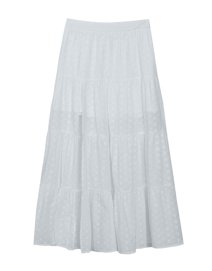 Lace Embroidered Shirred Detail Tiered Maxi Skirt