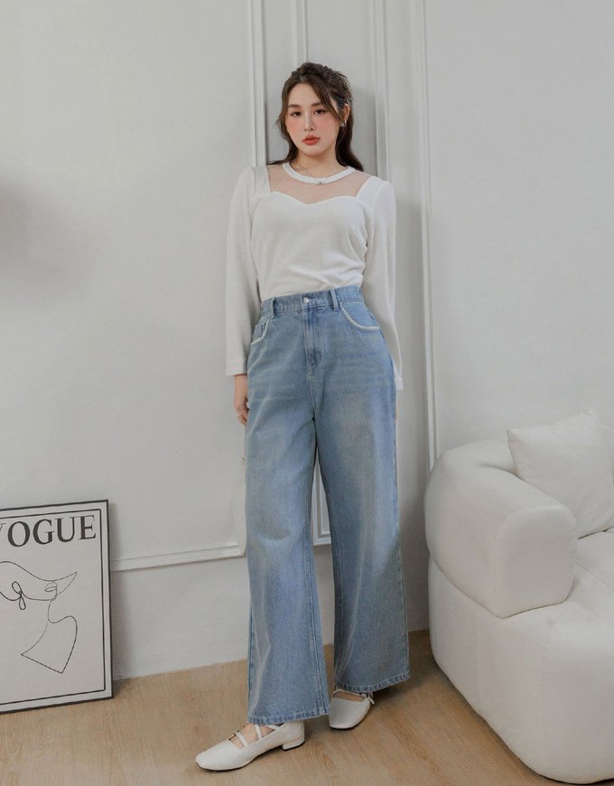 Vintage Lace Details Jeans Denim Straight Leg Pants