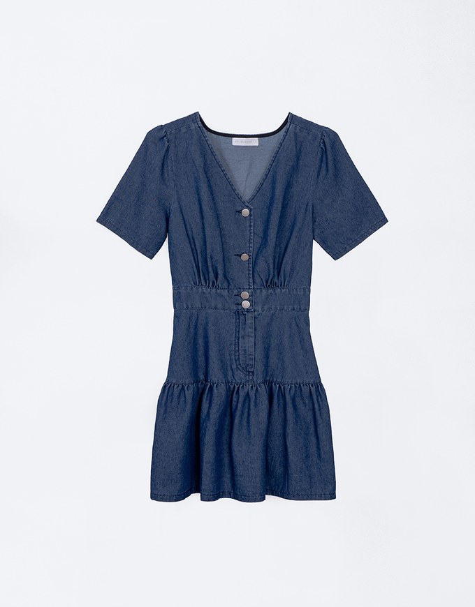 Classic Denim Ruffle Hem V Neck Mini Dress