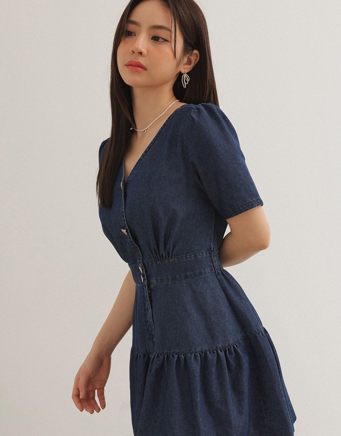 Classic Denim Ruffle Hem V Neck Mini Dress