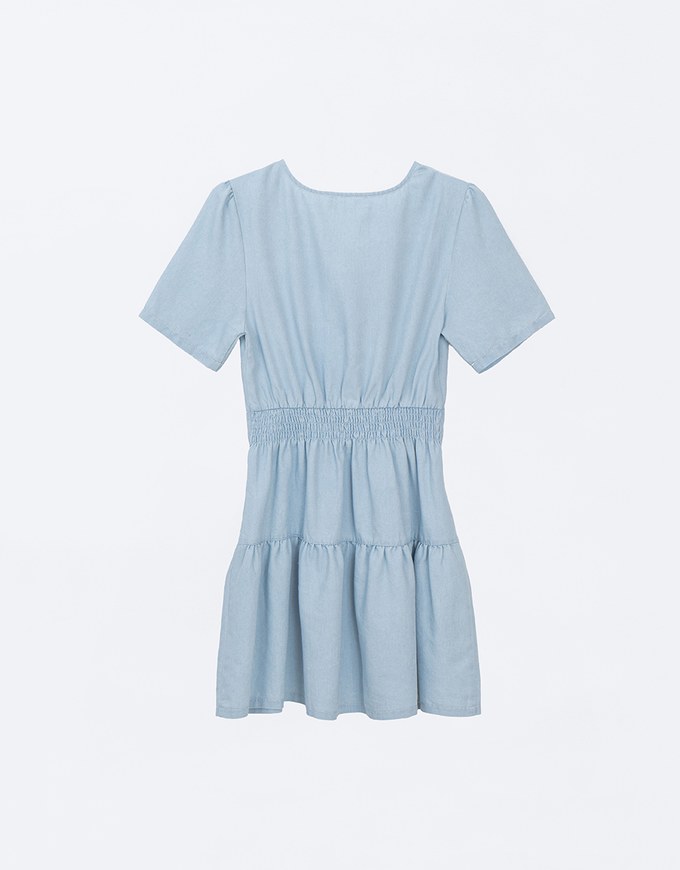 Classic Denim Ruffle Hem V Neck Mini Dress