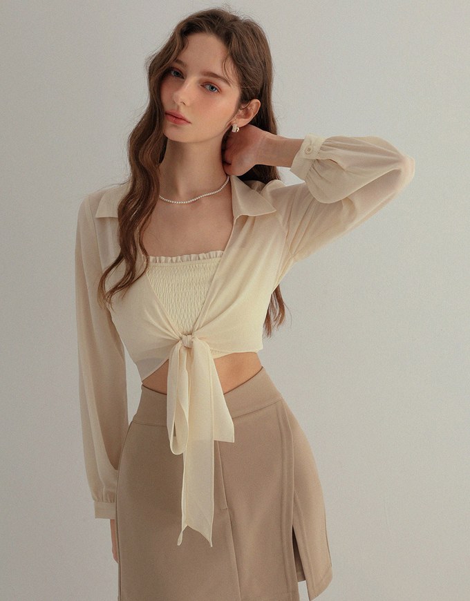 2 WAY Cooling Chiffon Front Tie Blouse With Cami Padded Top Set Wear