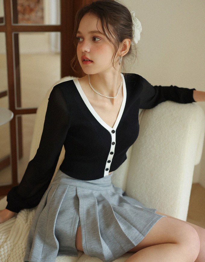 Long Sleeve Sheer Mesh Color Block Knitted Top