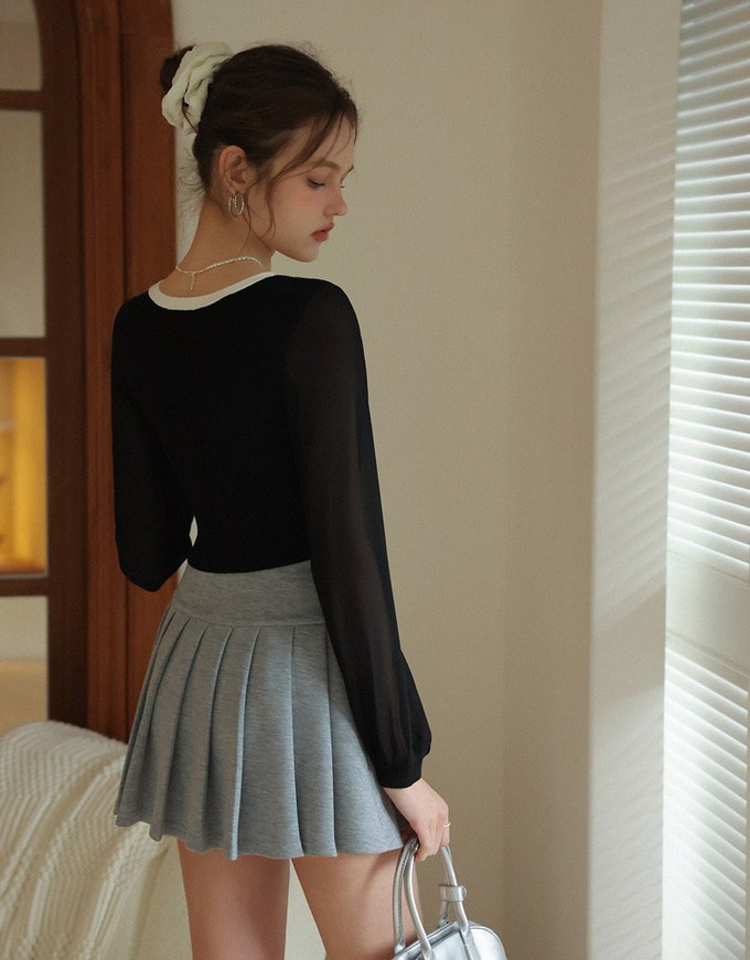 Long Sleeve Sheer Mesh Color Block Knitted Top