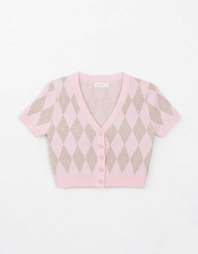 V Neck Argyle Printed Cropped Knit Top