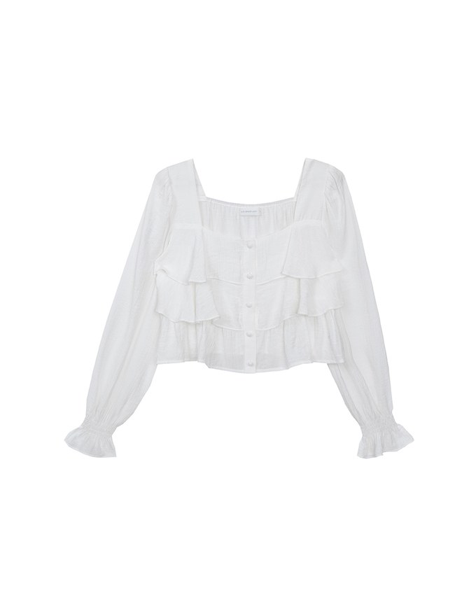 Square Neck Layered Ruffle Puff Long Sleeve Top