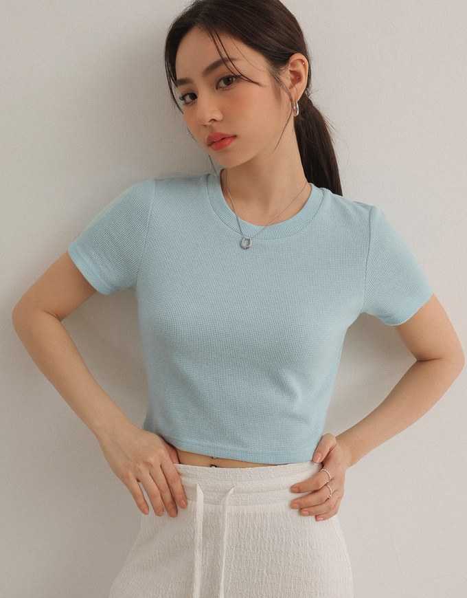 Waffle Knit Crew Neck Short Sleeve Top