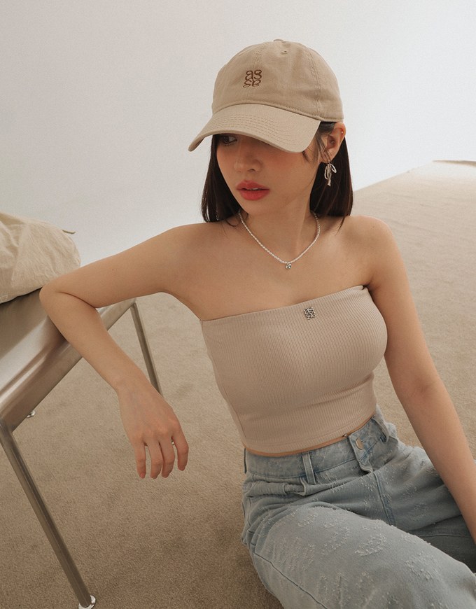 Air Space Logo Embroidered Ribbed Cropped Padded Tube Top