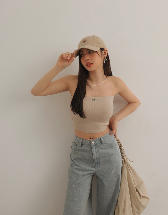 Air Space Logo Embroidered Ribbed Cropped Padded Tube Top