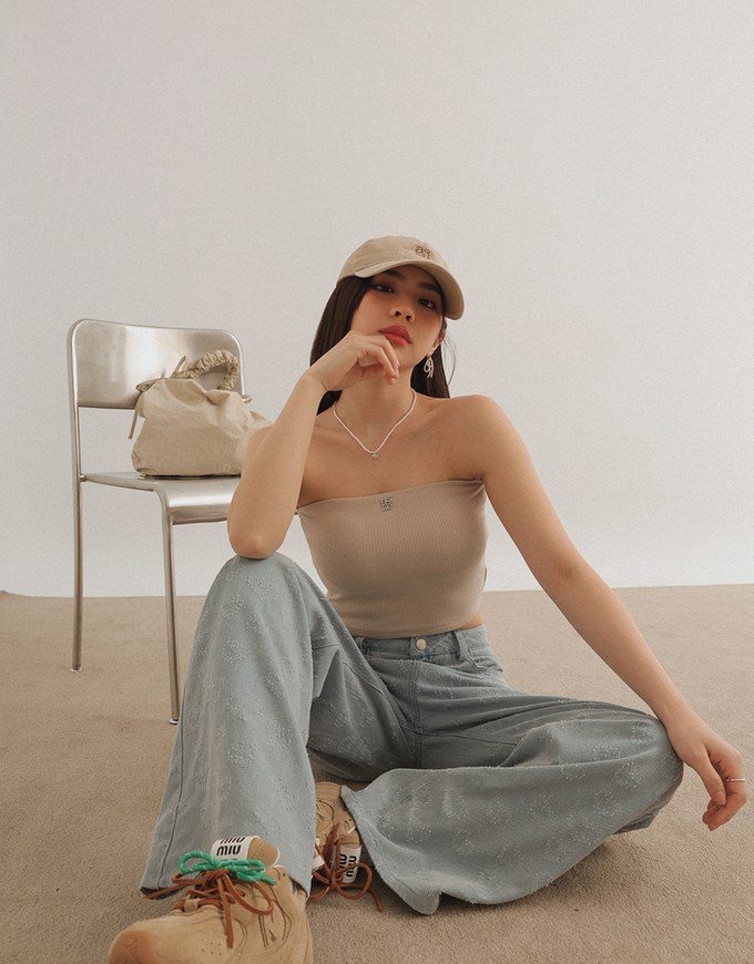 Air Space Logo Embroidered Ribbed Cropped Padded Tube Top