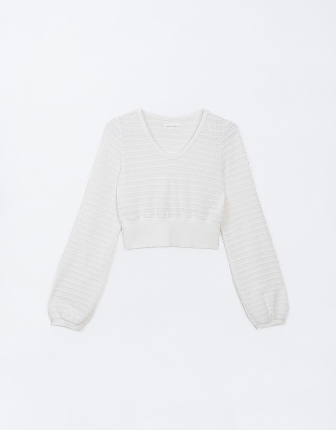 Round Neck Long Sleeve Textured Ribbed Knit Crop Top