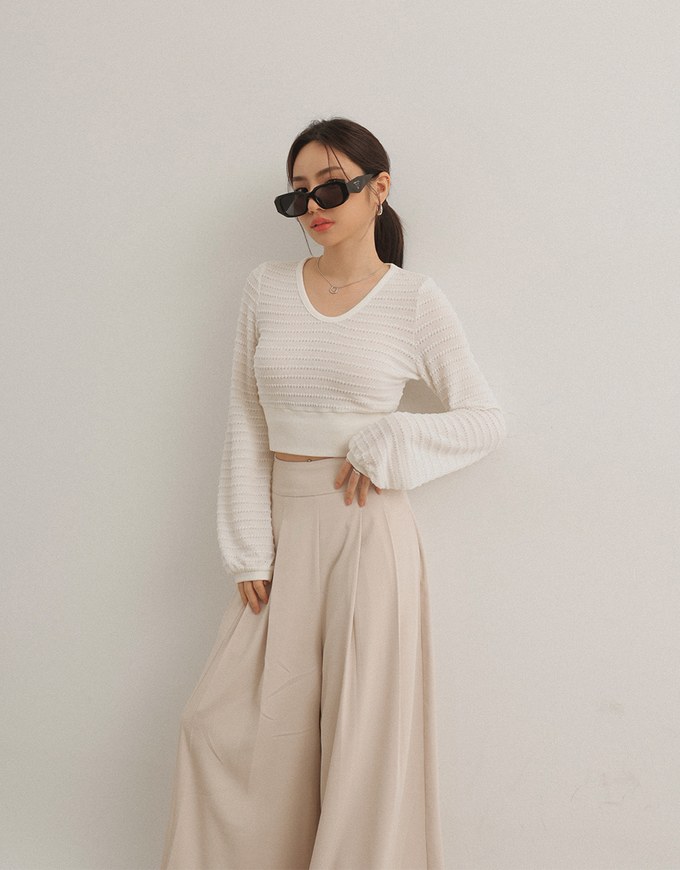 Round Neck Long Sleeve Textured Ribbed Knit Crop Top