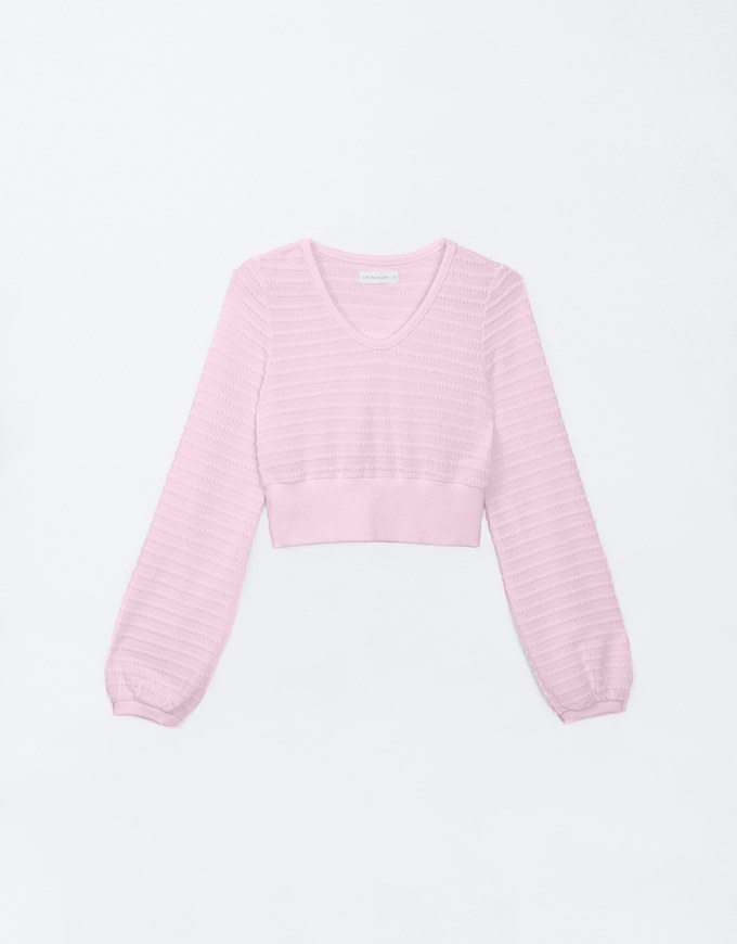 Round Neck Long Sleeve Textured Ribbed Knit Crop Top