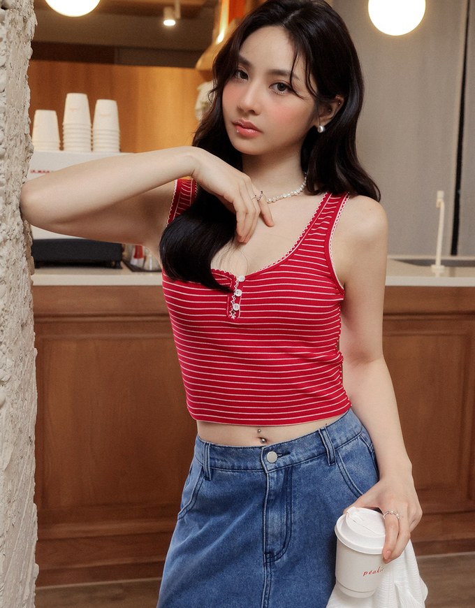 Ruffle Hem Button Front Striped Crop Tank Top