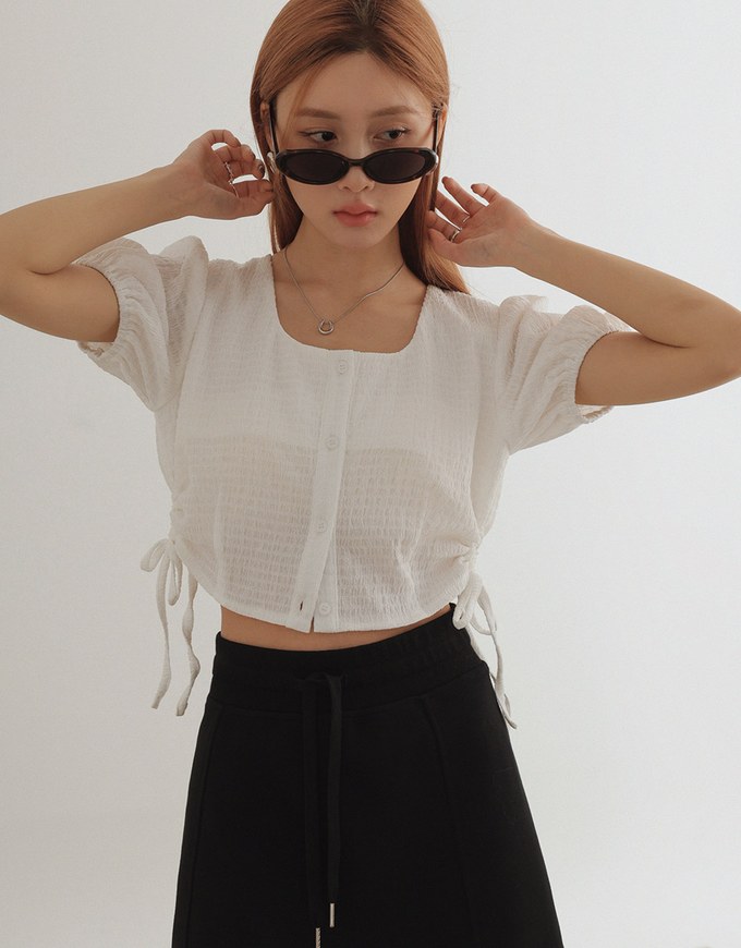 Crinkle Textured Drawstring Side Puff Sleeve Top