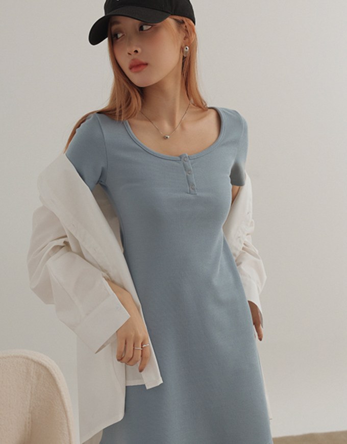 U Neck Solid Button Front Bodycon Flared Mini Dress