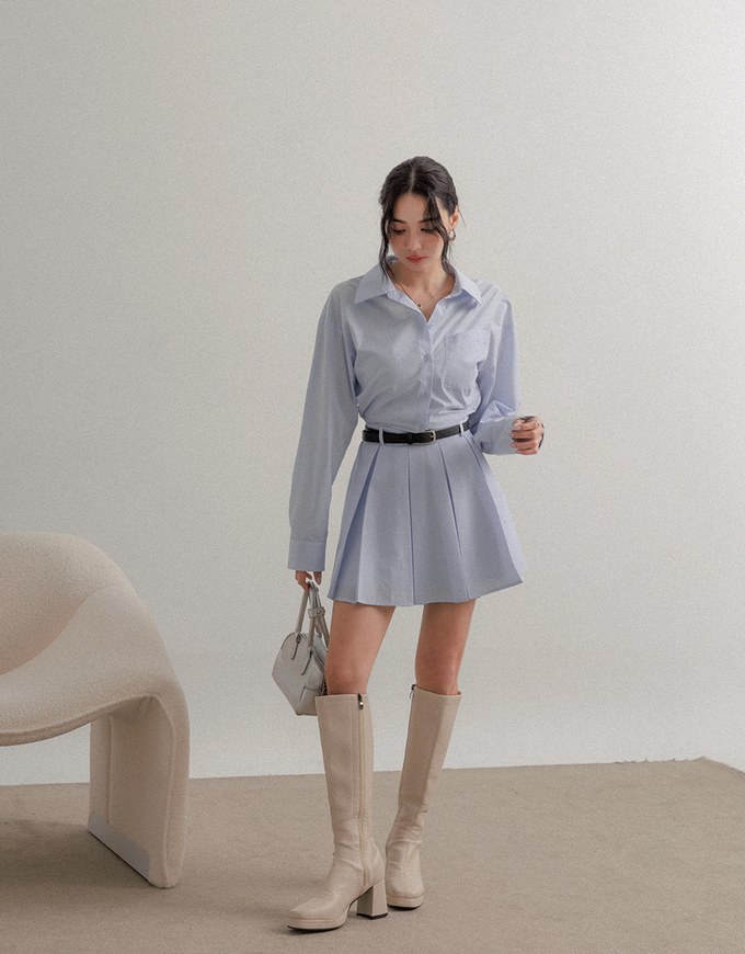 Collared Neck Pleated Shirt Dress (with Belt)