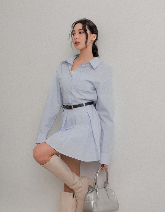 Collared Neck Pleated Shirt Dress (with Belt)