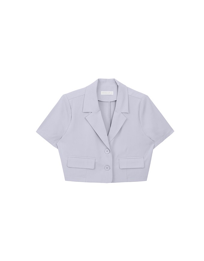 Plain Button Cropped Short Sleeve Blazer (with Shoulder Pads)