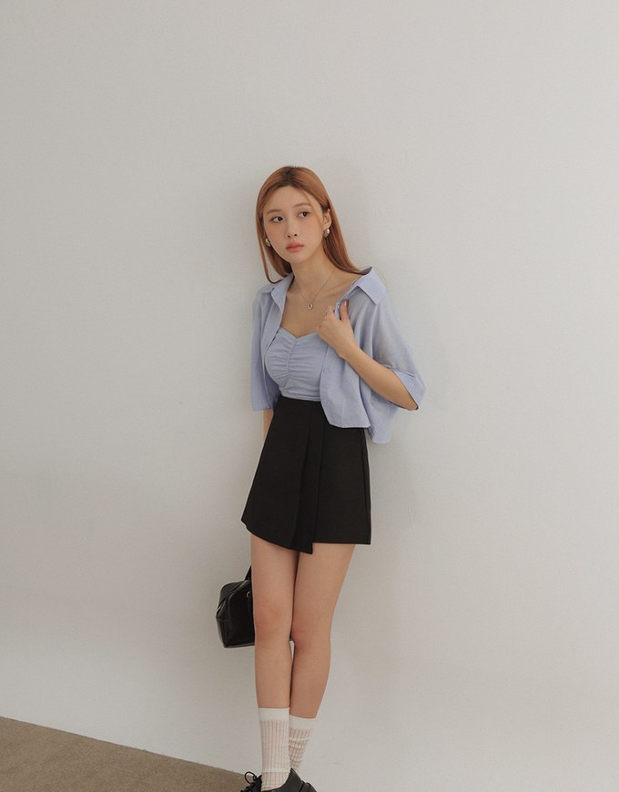 Button Up Cropped Shirt and Ruched Cami Padded Top Set Wear