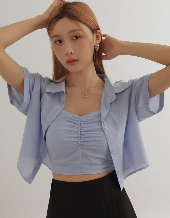 Button Up Cropped Shirt and Ruched Cami Padded Top Set Wear