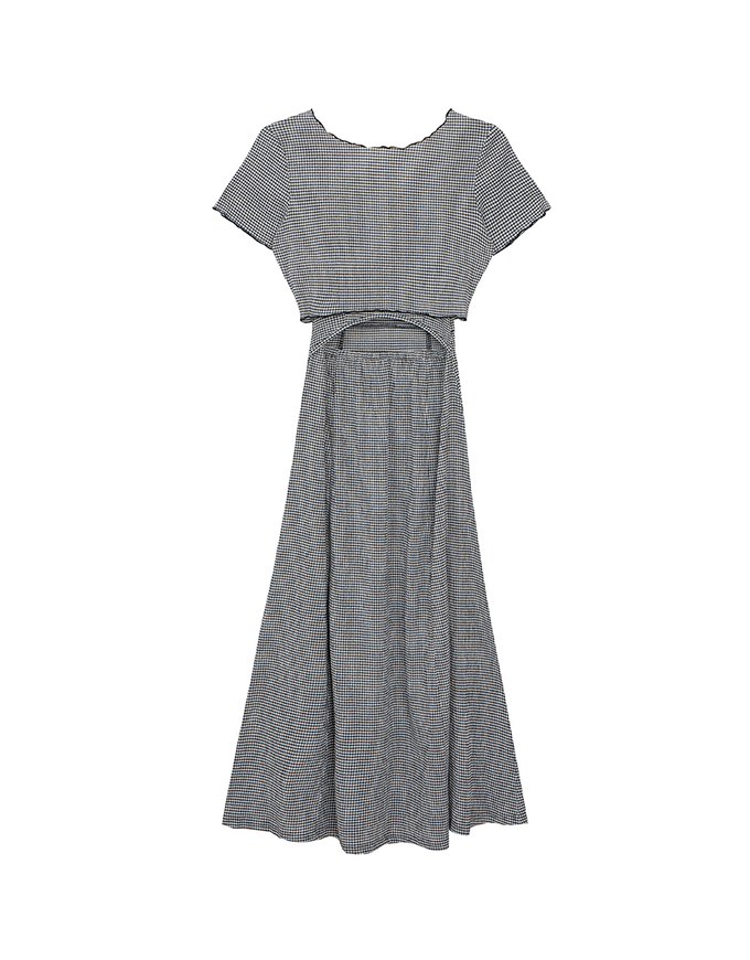 Checkered Ruched Front Blouse and Spaghetti Strap Maxi Dress Set Wear