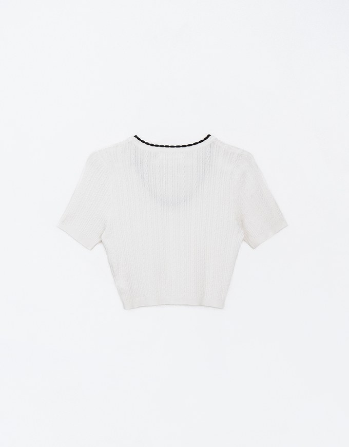 U Neckline Cable Knit Button Up Crop Top