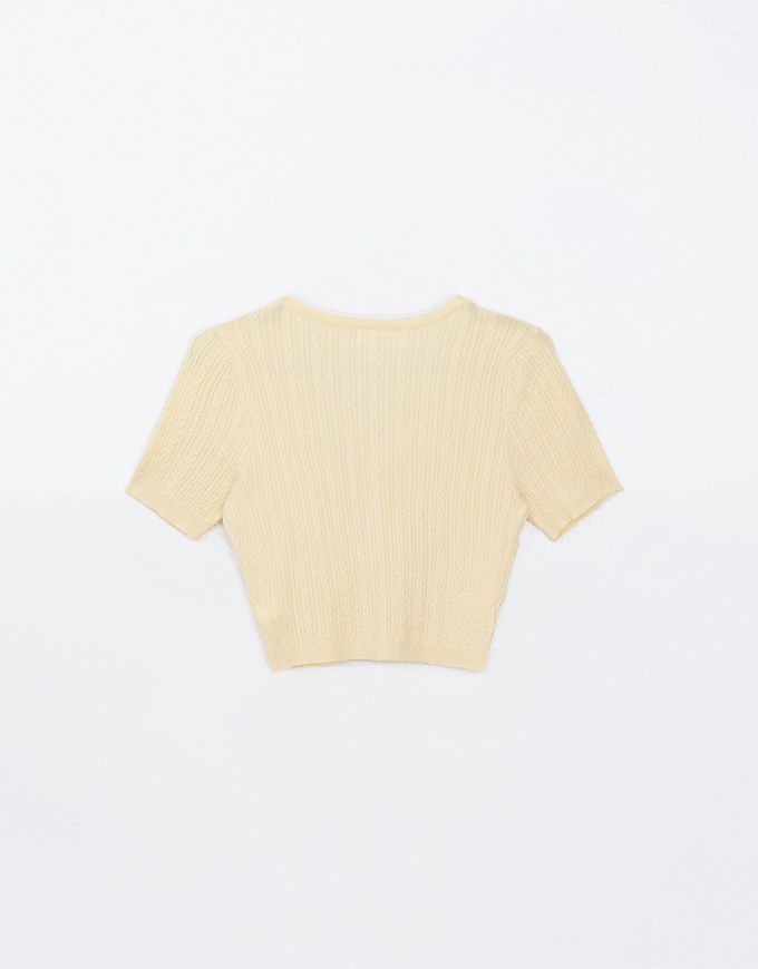 U Neckline Cable Knit Button Up Crop Top