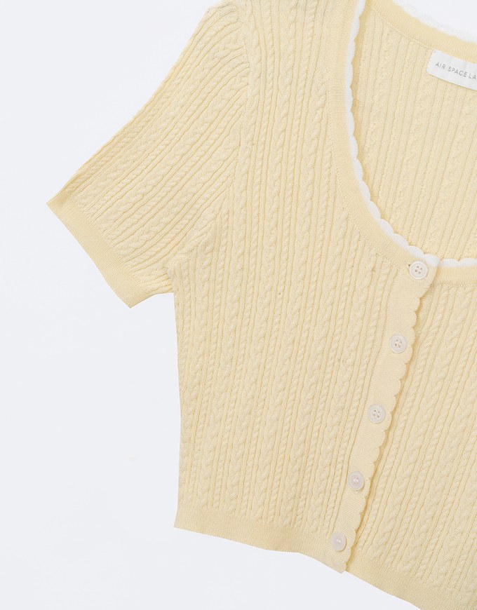 U Neckline Cable Knit Button Up Crop Top