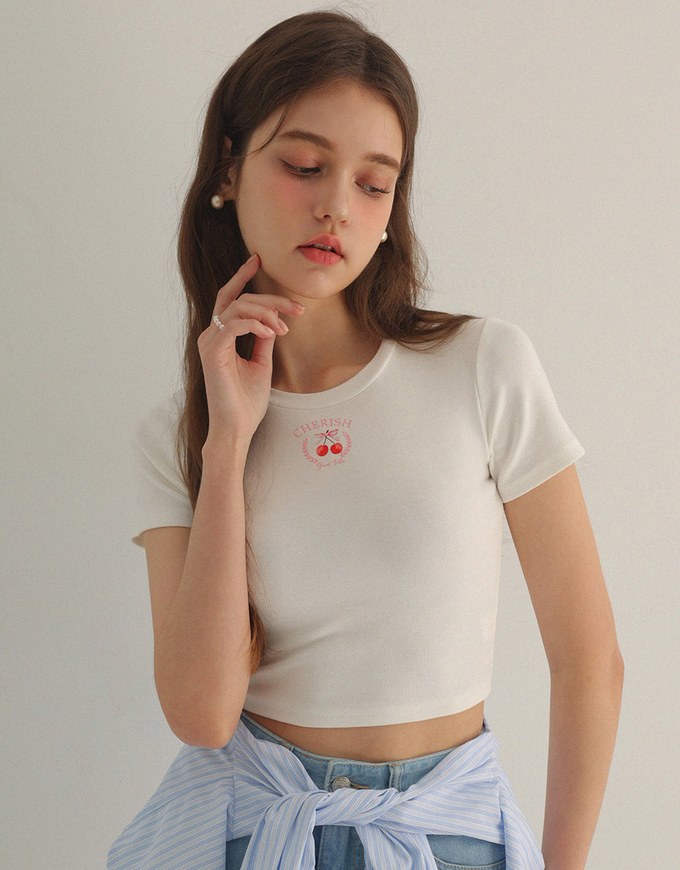 Crew Neck Cherish Cherry Graphic Short Sleeve Crop Top