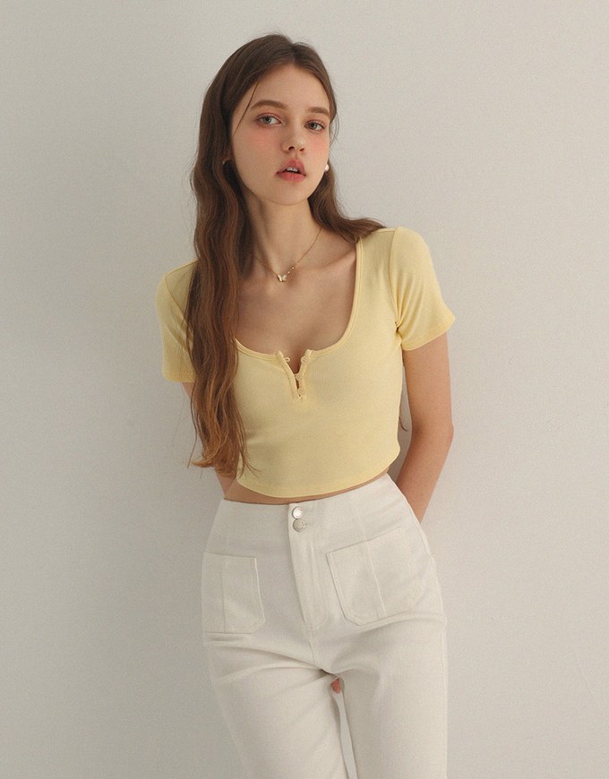 Slim Fit Button Up U Neck Ribbed Crop Top