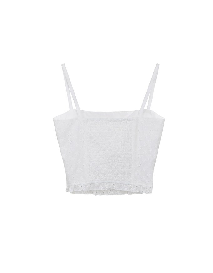 Lace Embroidered Shirred Detail Spaghetti Strap Padded Cami Crop Top