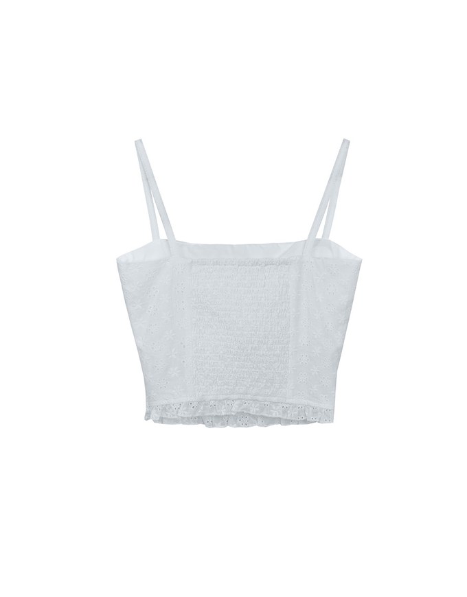 Lace Embroidered Shirred Detail Spaghetti Strap Padded Cami Crop Top