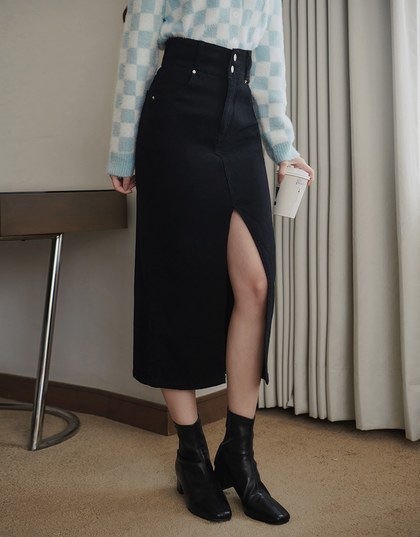 Double-Button High Waist Denim Skirt