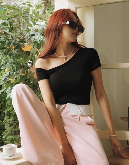 Sloping Shoulder Silky Crop Top