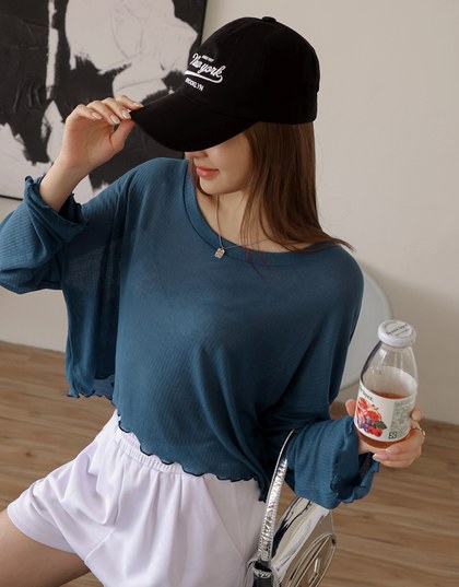 Lettuce Hem Sheer Long Sleeve Top