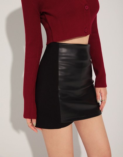 Mixed Material Splice Leather Skirts