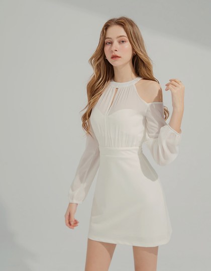Sheer Hollow-out Short Dress (with padding)