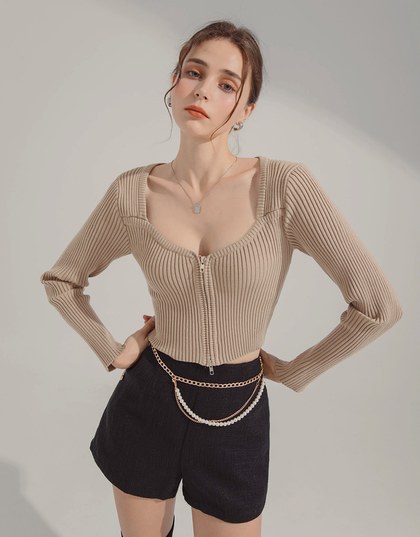 Double Zip Square Neck Ribbed Top