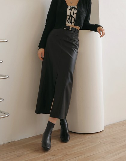 Leather Front Slit Maxi Skirt (With Belt)
