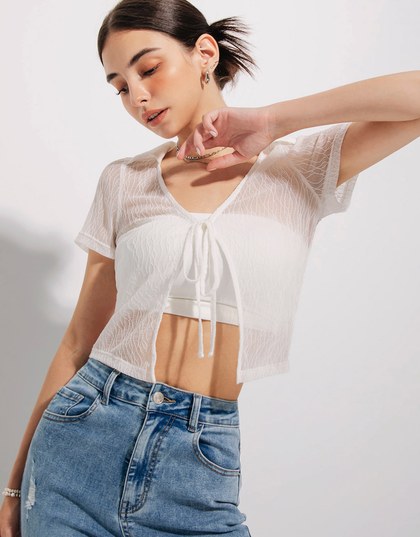 Open Collar Sheer Tie Strap Top