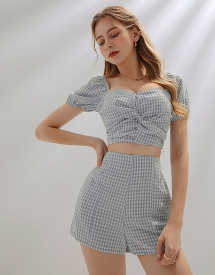 French Plaid Ruched Short Sleeve Set Wear