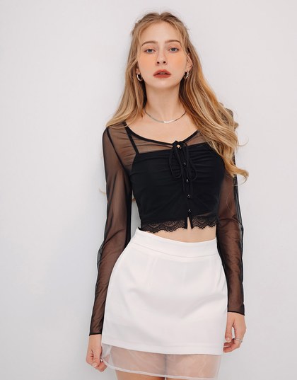 Sheer Tie Up Buttoned Shirt With Thin Strap Cami Padded Top Set Wear