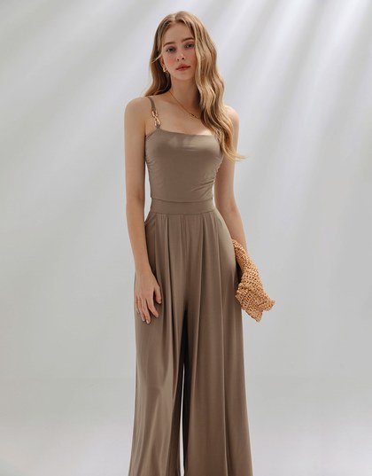 Asymmetric Gold-Trimmed Silky Jumpsuit