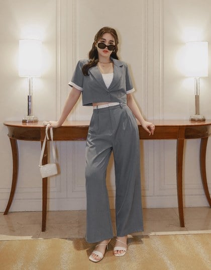 Contrast Color Pleated High Waisted Wide Pants Culottes