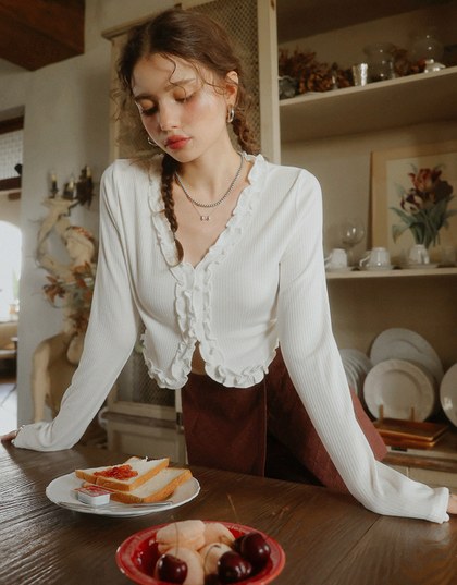 French Style Cardigan Top with Ruffled Trim