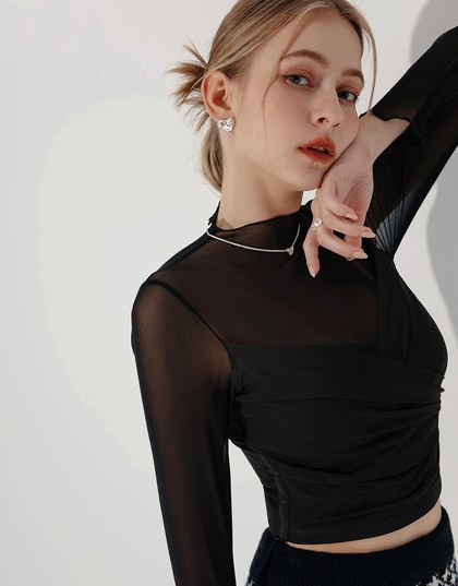 Half Turtleneck Sheer Mesh Patchwork Padded Top