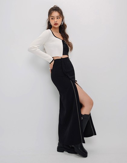 Hidden Placket Double Zipper Slit Long Skirt